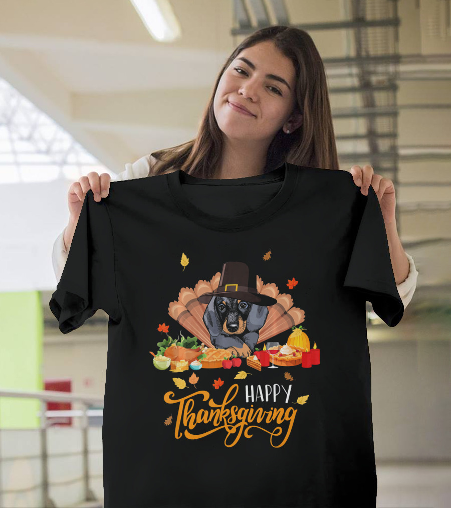 Happy Thanksgiving Dachshund Turkey Pilgrim Hat Feast T-Shirt
