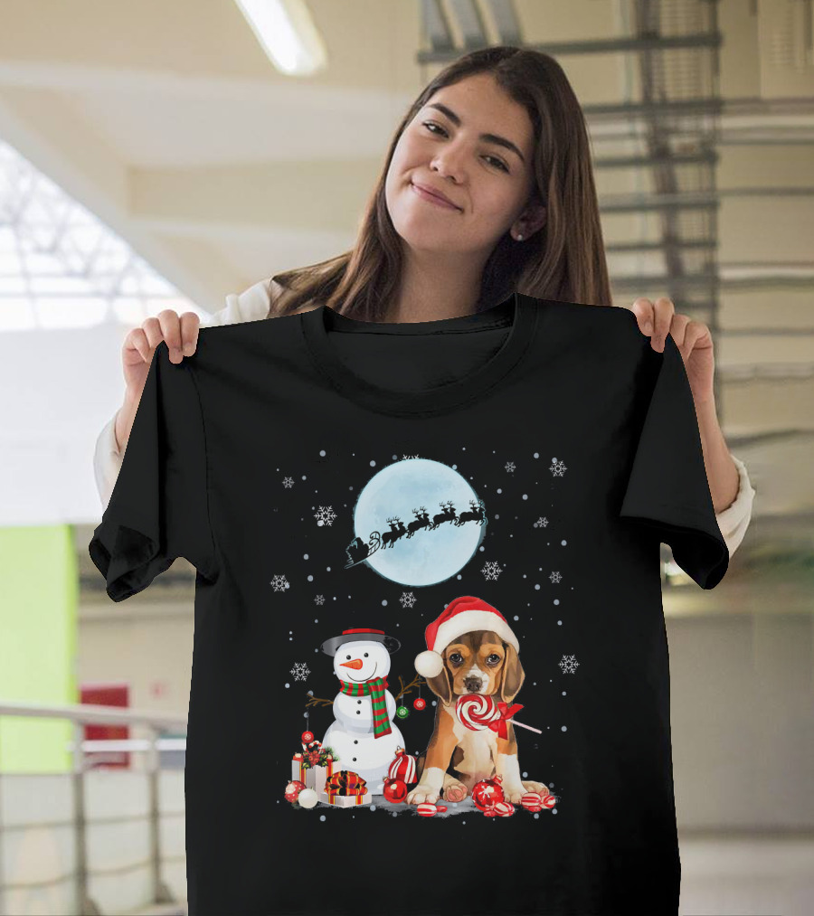 Beagle Santa Hat with Snowman and Santa Under Moon T-Shirt