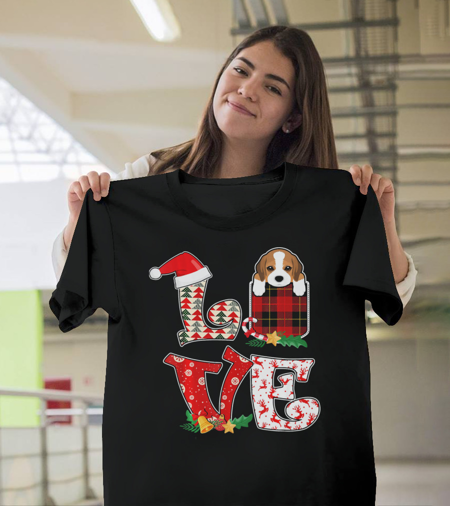 LOVE Beagle Dog Christmas Pocket Santa Hat T-Shirt