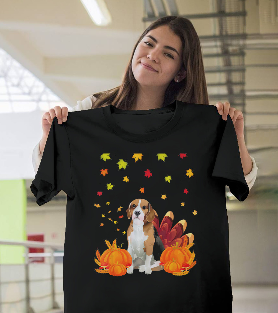 Thanksgiving Beagle with Turkey Tail and Pumpkins Surrounded by Falling Leaves T-Shirt
