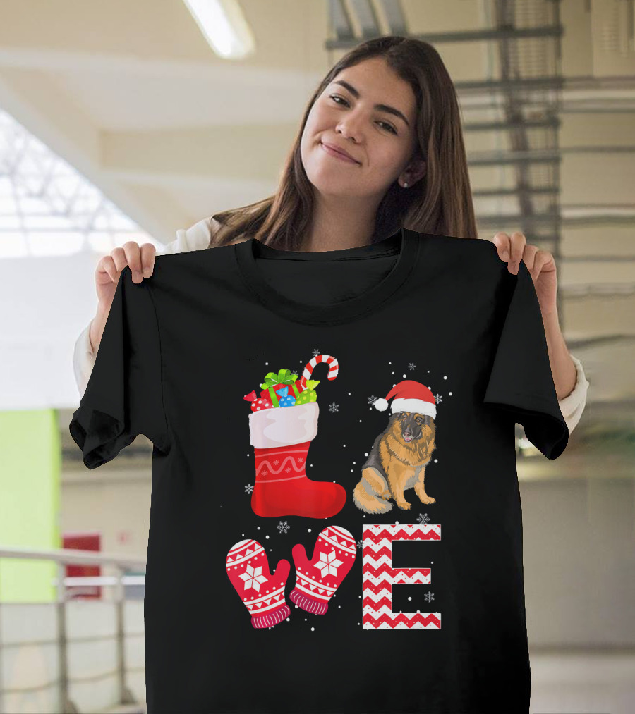 Love Christmas German Shepherd Santa Hat Mittens Stocking T-Shirt