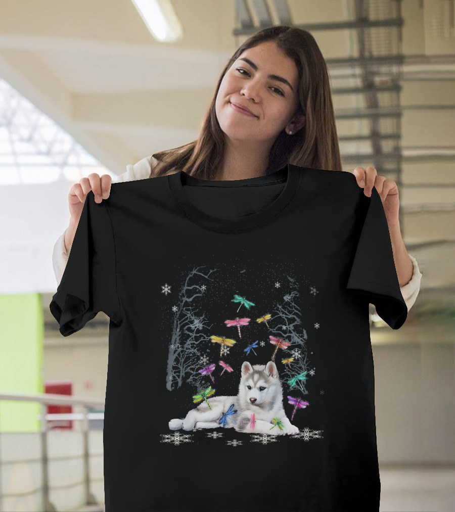 Siberian Husky with Colorful Dragonflies in Snowy Christmas Forest T-Shirt