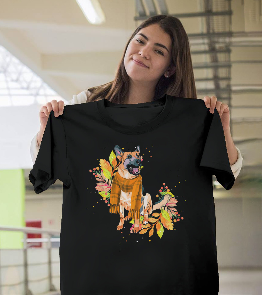 Cute German Shepherd Dog Autumn Leaves Scarf T-Shirt