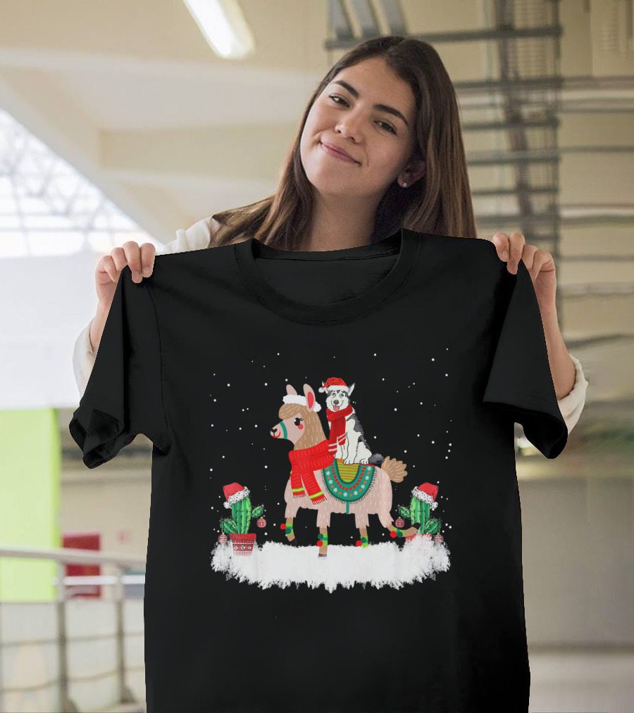 Cute Husky Riding Llama Christmas Winter Scene with Festive Cactus T-Shirt