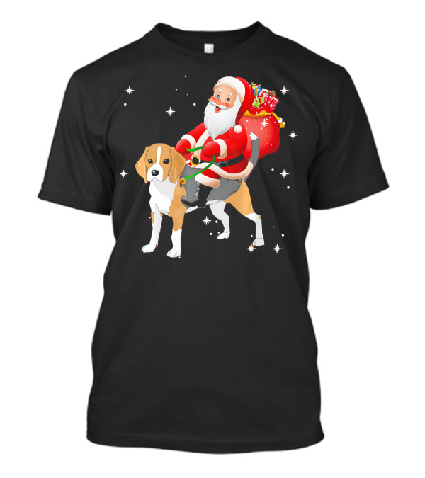 Santa Claus Riding Beagle With Gifts And Stars T-Shirt