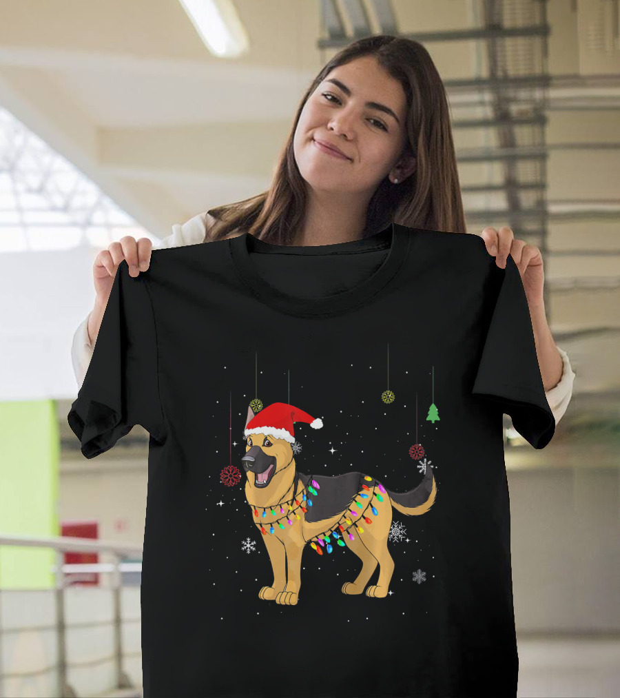 German Shepherd Christmas Santa Hat Festive Lights Snowflakes T-Shirt