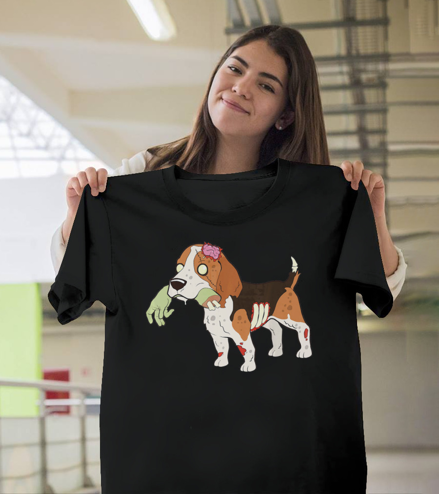 Beagle Dog with Zombie Hand and Brain Elements in Cartoon T-Shirt
