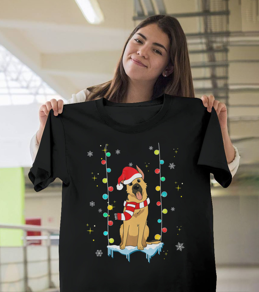 Cute German Shepherd Dog with Santa Hat and Christmas Lights T-Shirt