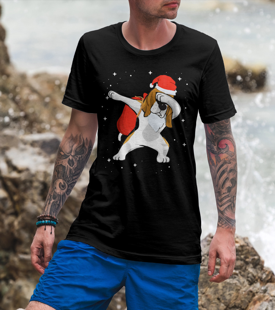 Santa Dabbing Beagle Hound Dog With Christmas Bag And Stars T-Shirt