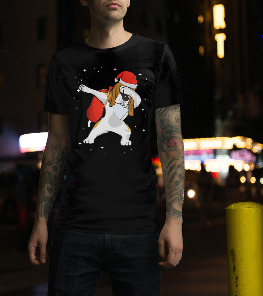 Santa Dabbing Beagle Hound Dog With Christmas Bag And Stars T-Shirt