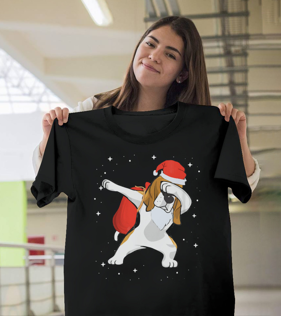 Santa Dabbing Beagle Hound Dog With Christmas Bag And Stars T-Shirt