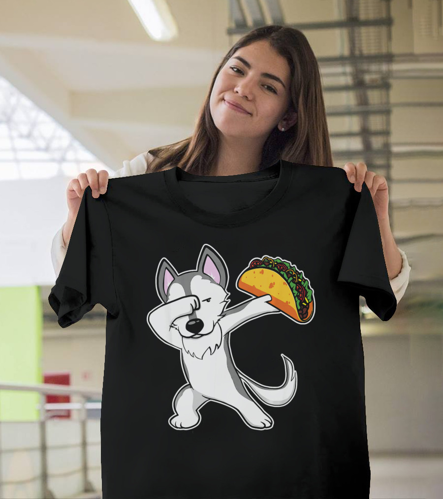 Dabbing Husky Taco Lover with Funny Cartoon T-Shirt