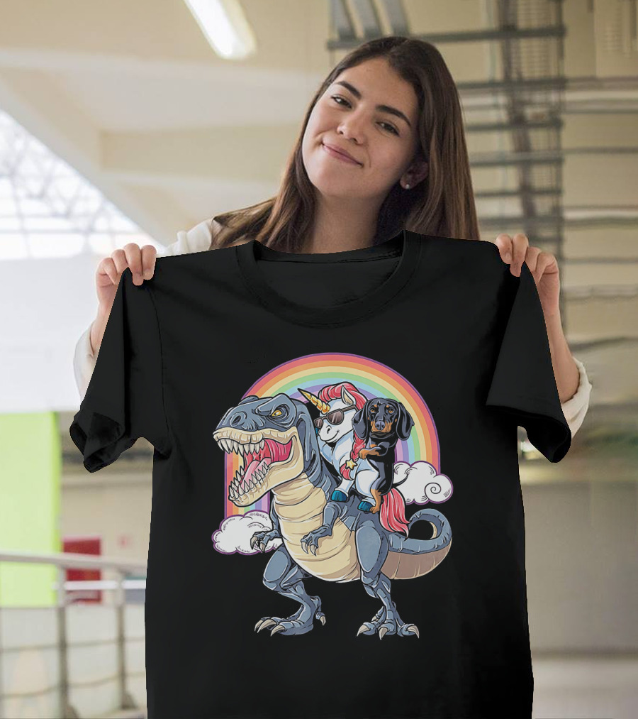 Dachshund Unicorn Dinosaur Riding Epic Rainbow Adventure T-Shirt