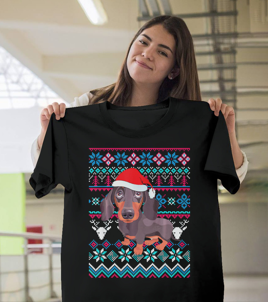 Funny Dachshund Ugly Christmas Sweater with Santa Hat and Festive T-Shirt