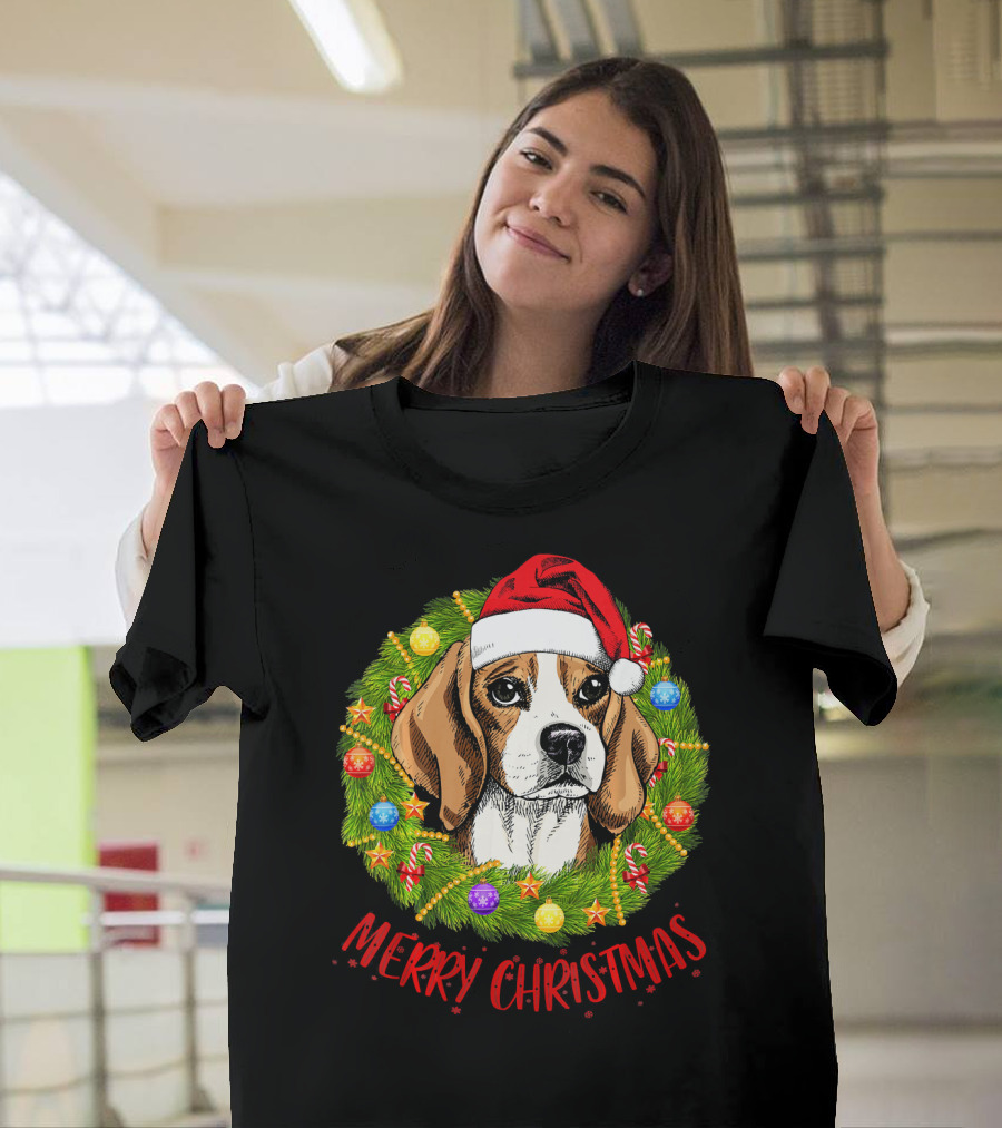 Merry Christmas Beagle in Santa Hat and Festive Wreath T-Shirt