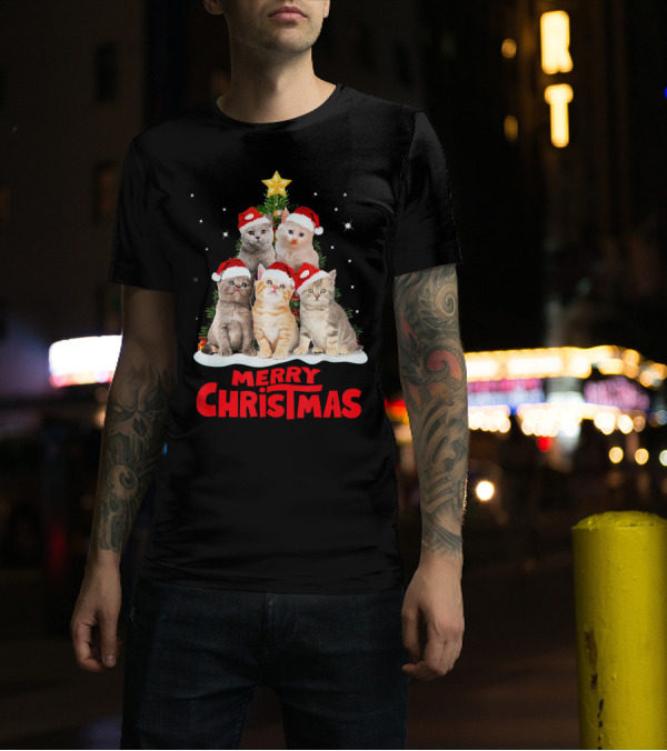 Merry Christmas Cats With Santa Hats And Star-Topped Tree T-Shirt