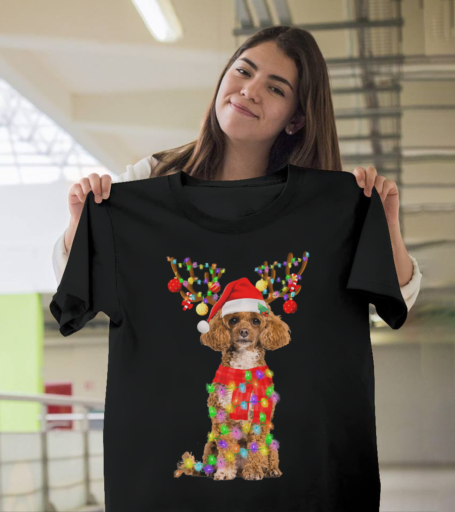 Christmas Poodle With Santa Hat and Reindeer Antlers Wrapped in Colorful Lights T-Shirt