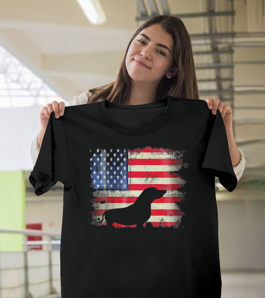 Dachshund Dog Silhouette Over Distressed American Flag USA T-Shirt