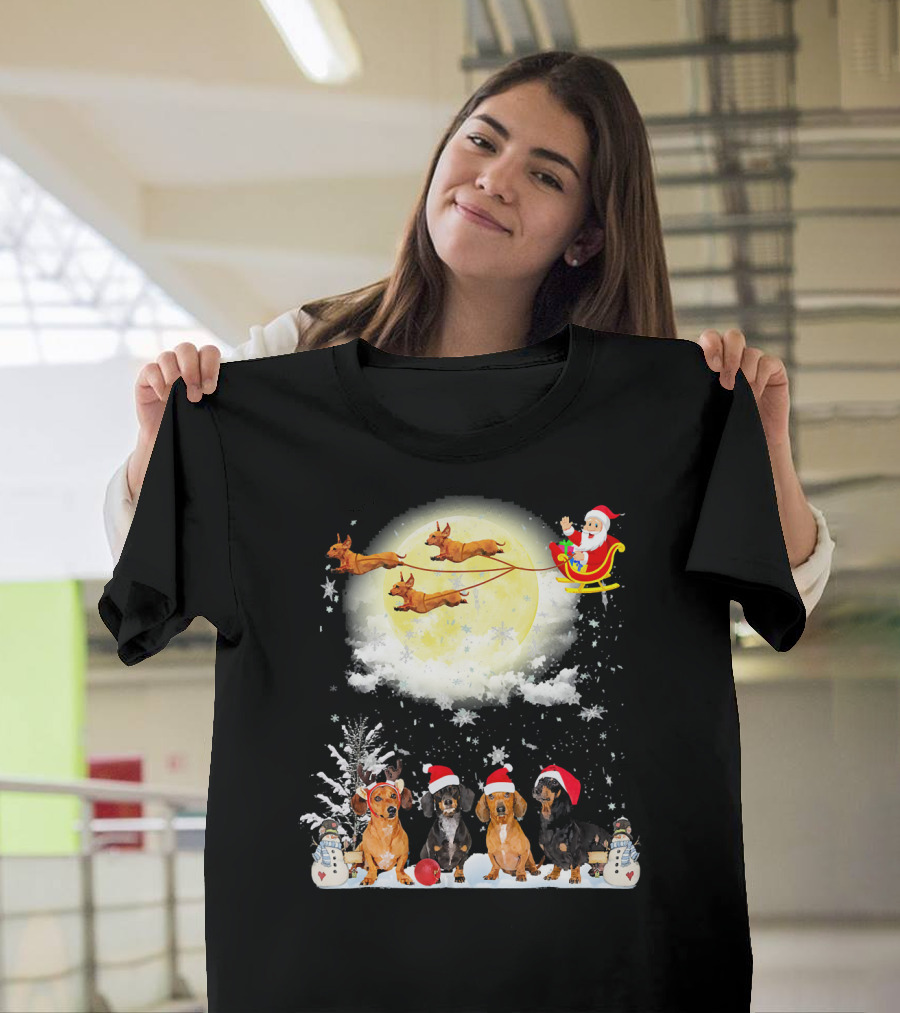 Santa Sleigh Dachshund Christmas Moon Snowman Fun Nice Dog T-Shirt