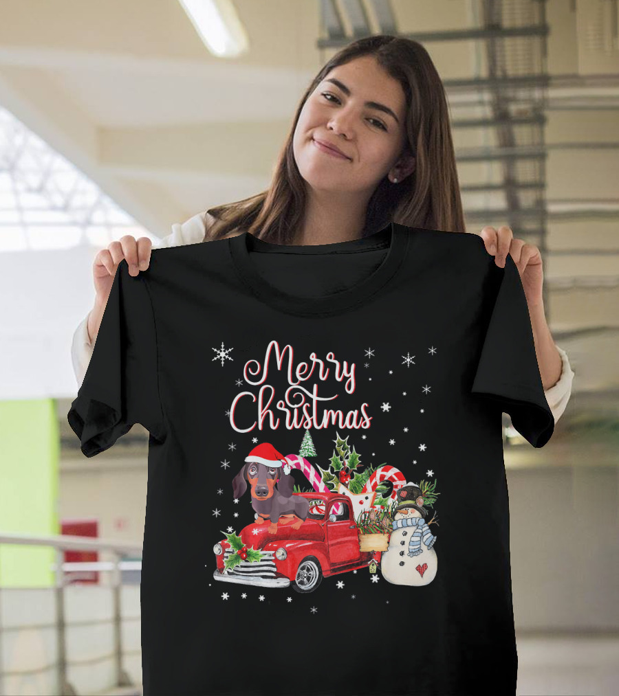 Merry Christmas Dachshund Dog Riding Red Truck with Snowman and Candy Canes T-Shirt