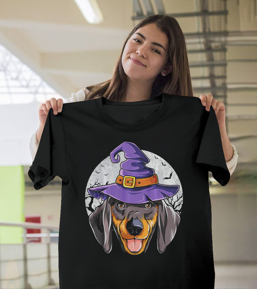 Dachshund with Purple Witch Hat and Moon Background T-Shirt