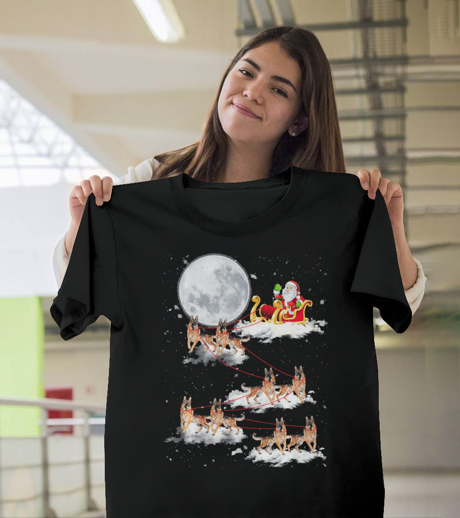 Santa Riding Sleigh Pulled by German Shepherd Dogs Under Full Moon T-Shirt