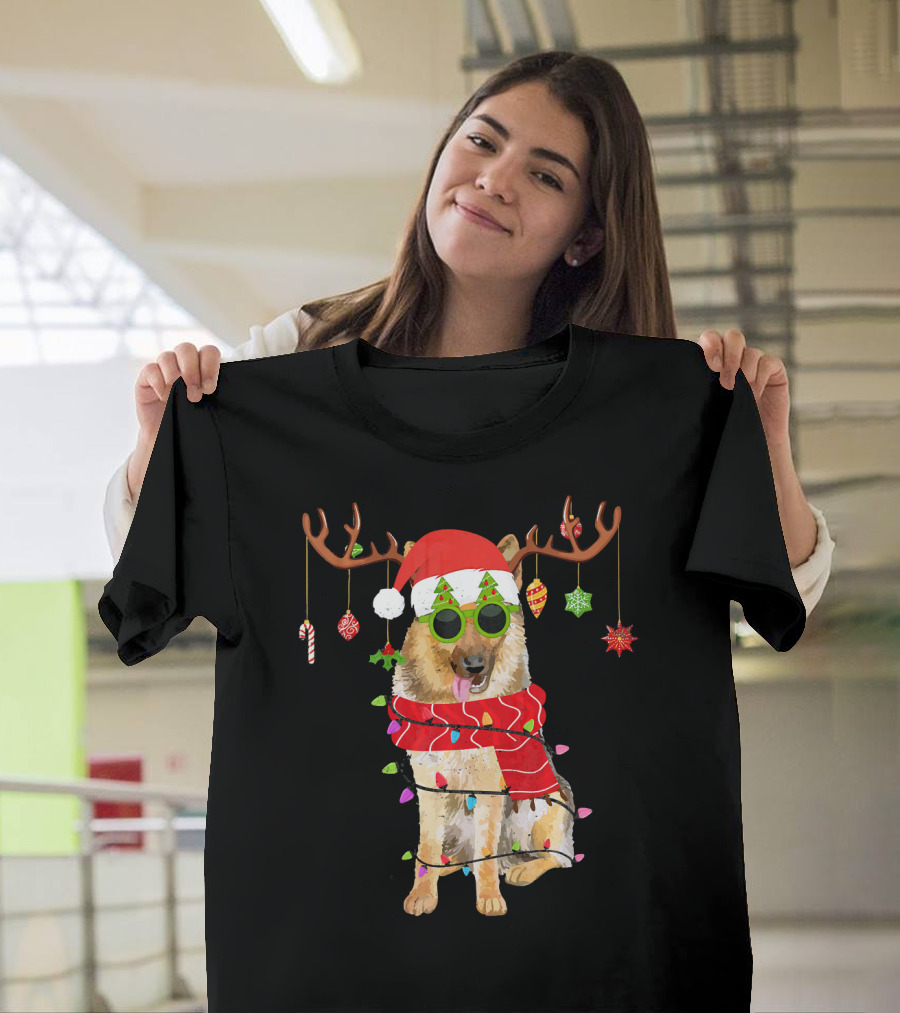 German Shepherd Santa Hat Christmas Lights Reindeer Antlers Candy Cane Snowflakes T-Shirt