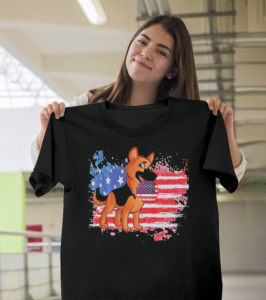 Distressed American Flag German Shepherd Holding Flag Ball T-Shirt