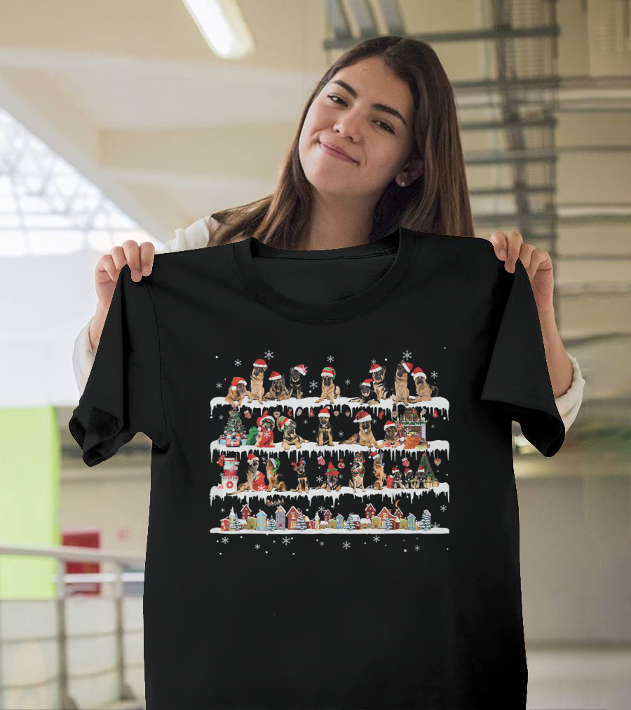 Funny German Shepherd Christmas Snowflakes and Santa Hats T-Shirt