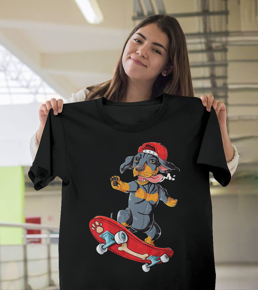 Dachshund Skateboard Wiener Dog in Red Cap with Bone Deck T-Shirt