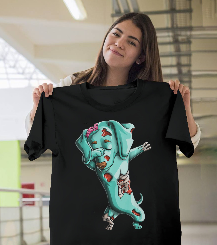Dabbing Zombie Dachshund Halloween Humor Brainy Dog Undead Dance Fun T-Shirt