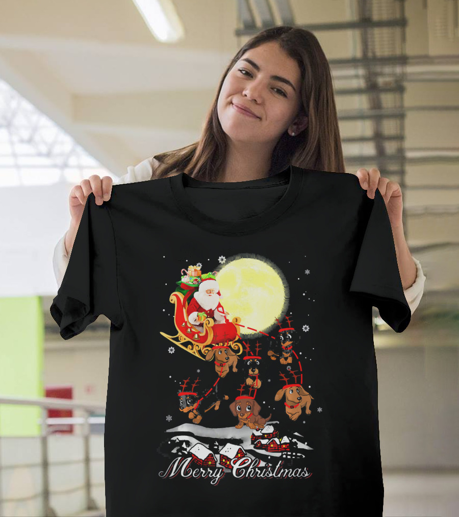 Merry Christmas Dachshund Reindeer Santa Sleigh T-Shirt