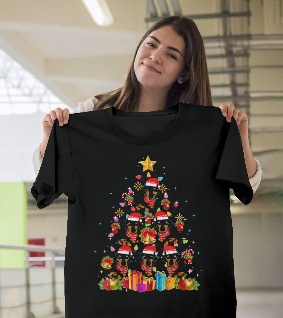 Festive Dachshund Christmas Tree with Lights and Presents T-Shirt