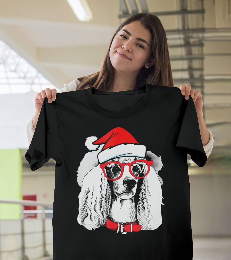 Santa Poodle Dog with Red Hat and Glasses T-Shirt