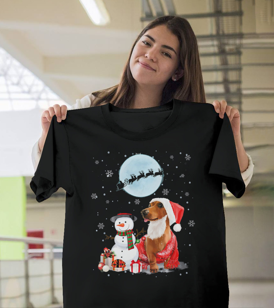 Dachshund Snowman Santa Hat Presents Reindeer Moon Snowflakes T-Shirt