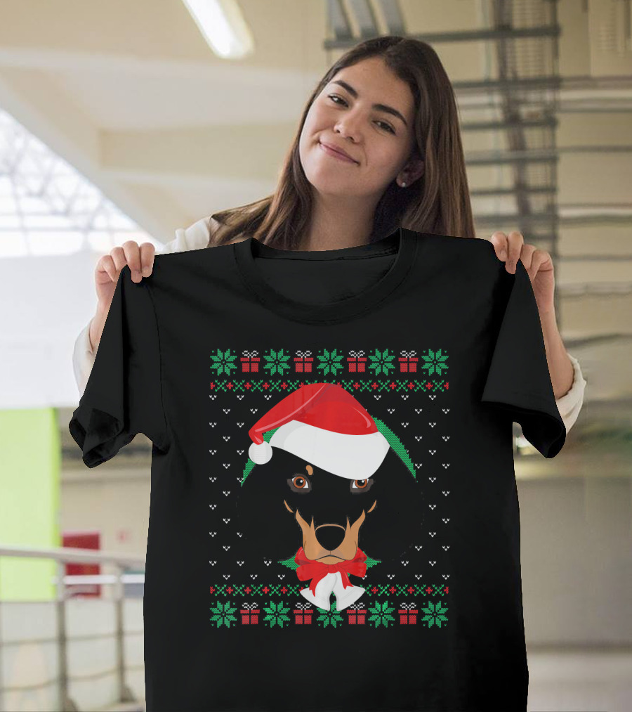 Dachshund Christmas Santa Hat Green Red Black Holiday T-Shirt