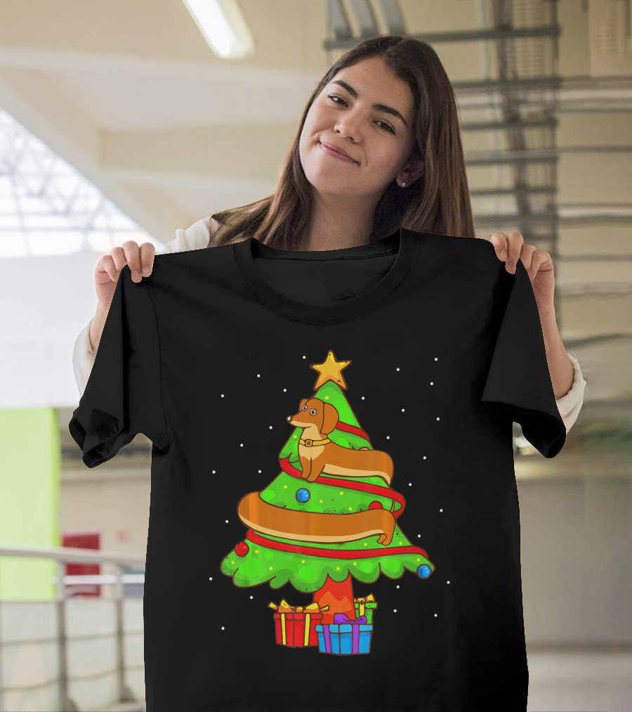 Funny Dachshund Christmas Tree Ornament Festive T-Shirt