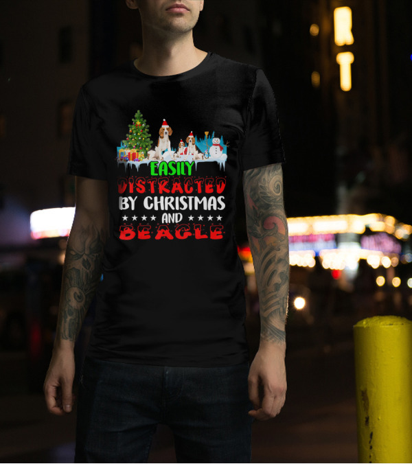 Easily Distracted By Christmas And Beagle With Santa Hats Snowman Gift Boxes T-Shirt