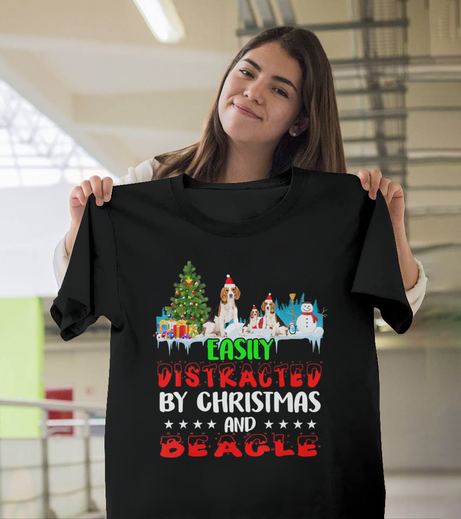 Easily Distracted by Christmas and Beagle with Santa Hats Snowman Gift Boxes T-Shirt