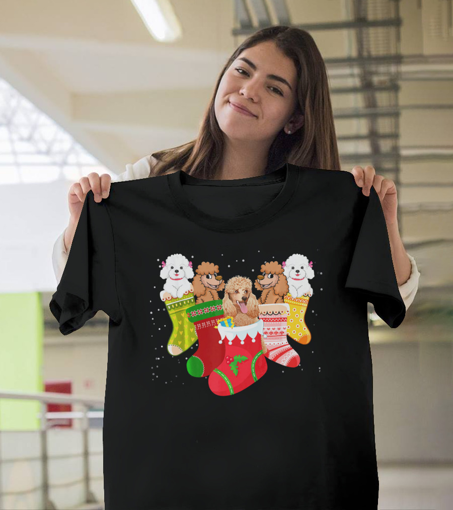 Poodle Christmas Sock Fun with Xmas Dog Love and Holiday Cheer T-Shirt