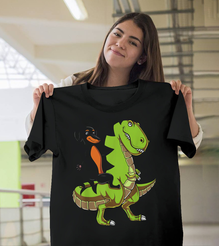 Dachshund Wiener Dog Riding T-Rex Dinosaur T-Shirt