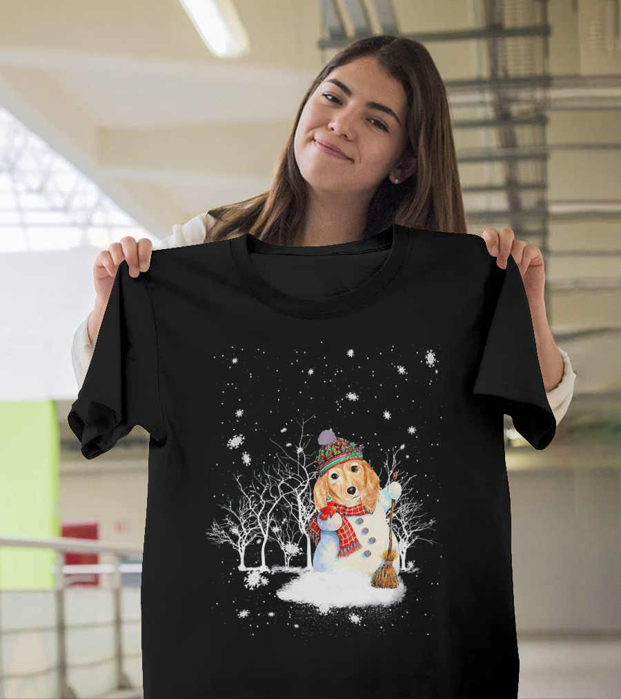 Dachshund as Winter Snowman with Christmas Hat and Scarf in Snowy Forest Scene T-Shirt