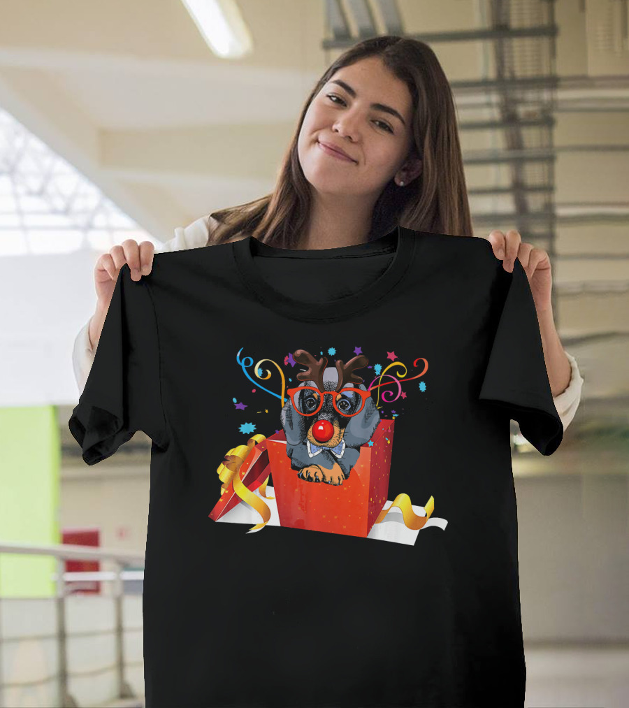 Dachshund Reindeer Glasses Christmas Gift Box Scene T-Shirt