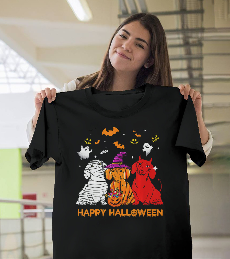 Happy Halloween Dachshund Ghost Mummy Witch Pumpkin T-Shirt