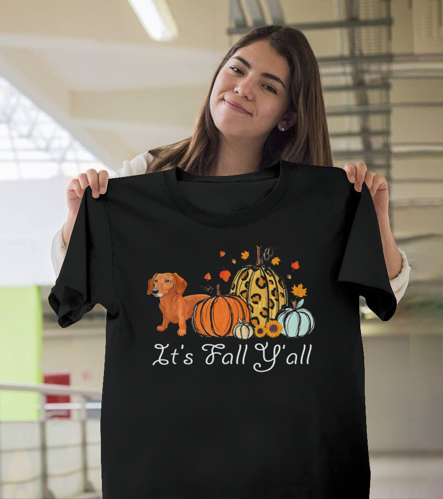 Dachshund Dog Autumn It's Fall Y'all with Pumpkins T-Shirt