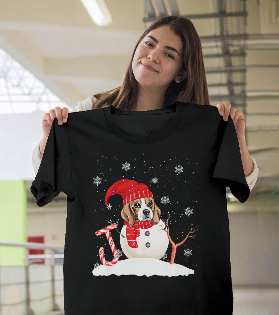 Funny Beagle Snowman Christmas Joy with Candy Cane and Snowflakes T-Shirt
