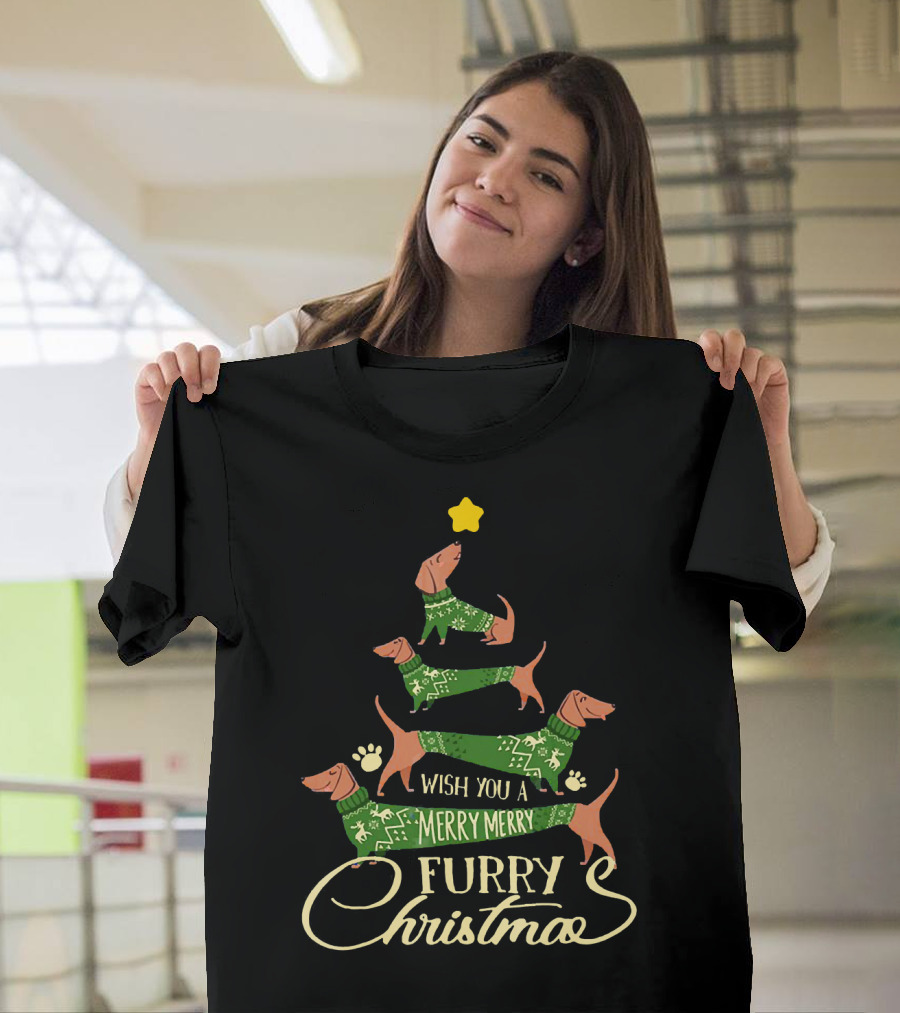 Wish You a Merry Merry Furry Christmas Dachshund Tree T-Shirt