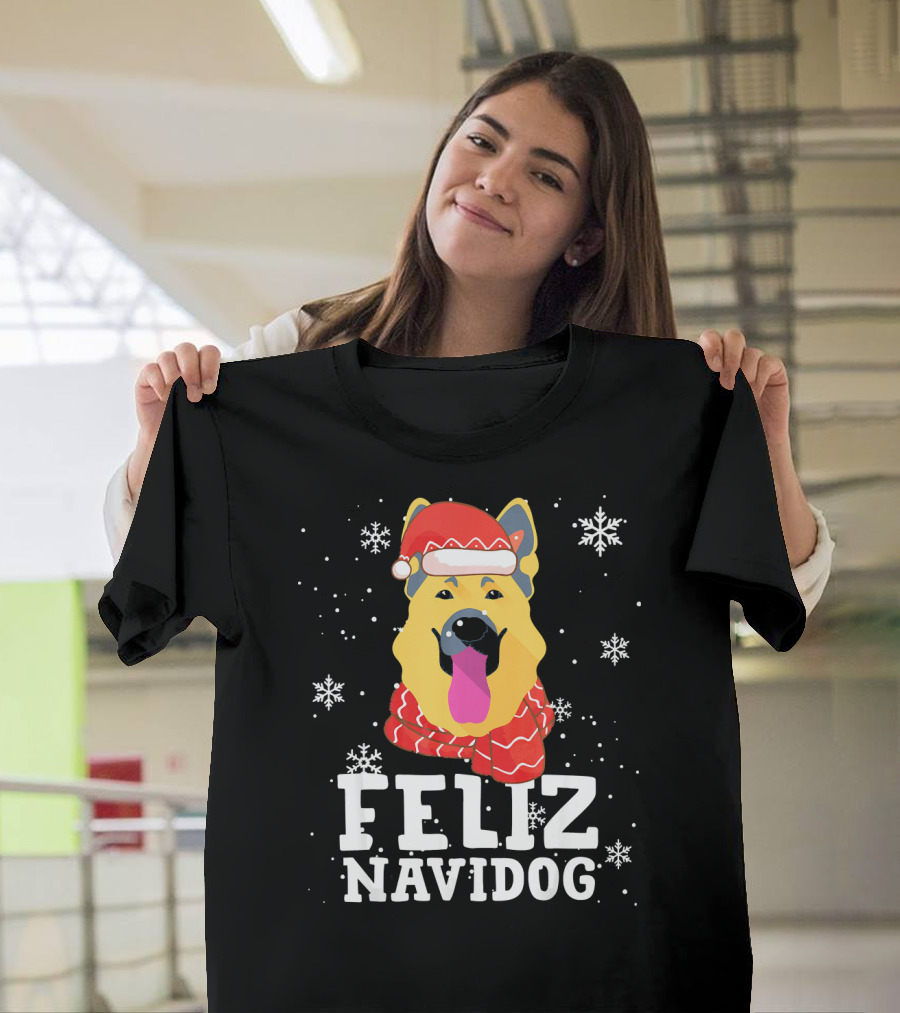 Feliz Navidog German Shepherd Christmas Santa Hat Snowflakes T-Shirt
