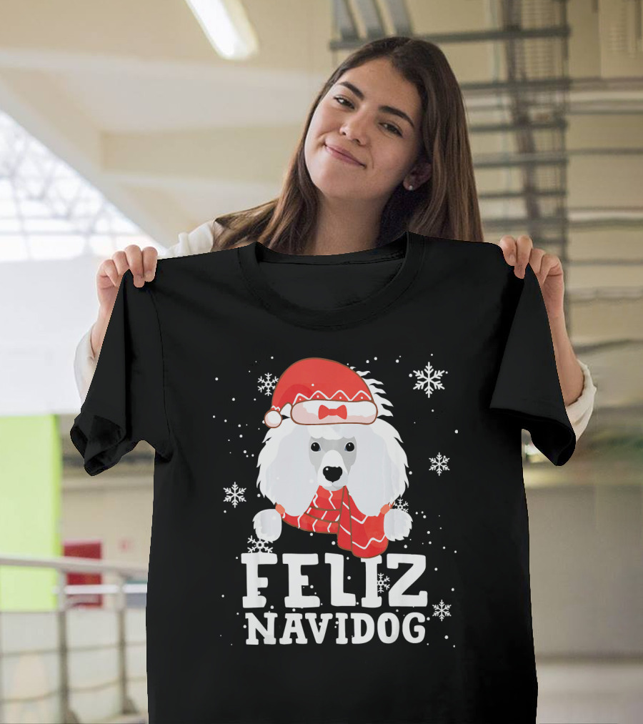 Feliz Navidog Poodle Dog Christmas Santa Hat Snowflakes T-Shirt