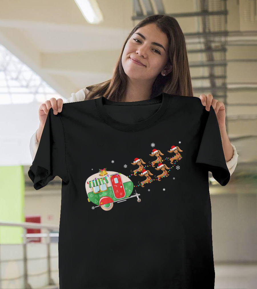 Dachshund Christmas Camper Sleigh with Santa Hats and Snowflakes T-Shirt